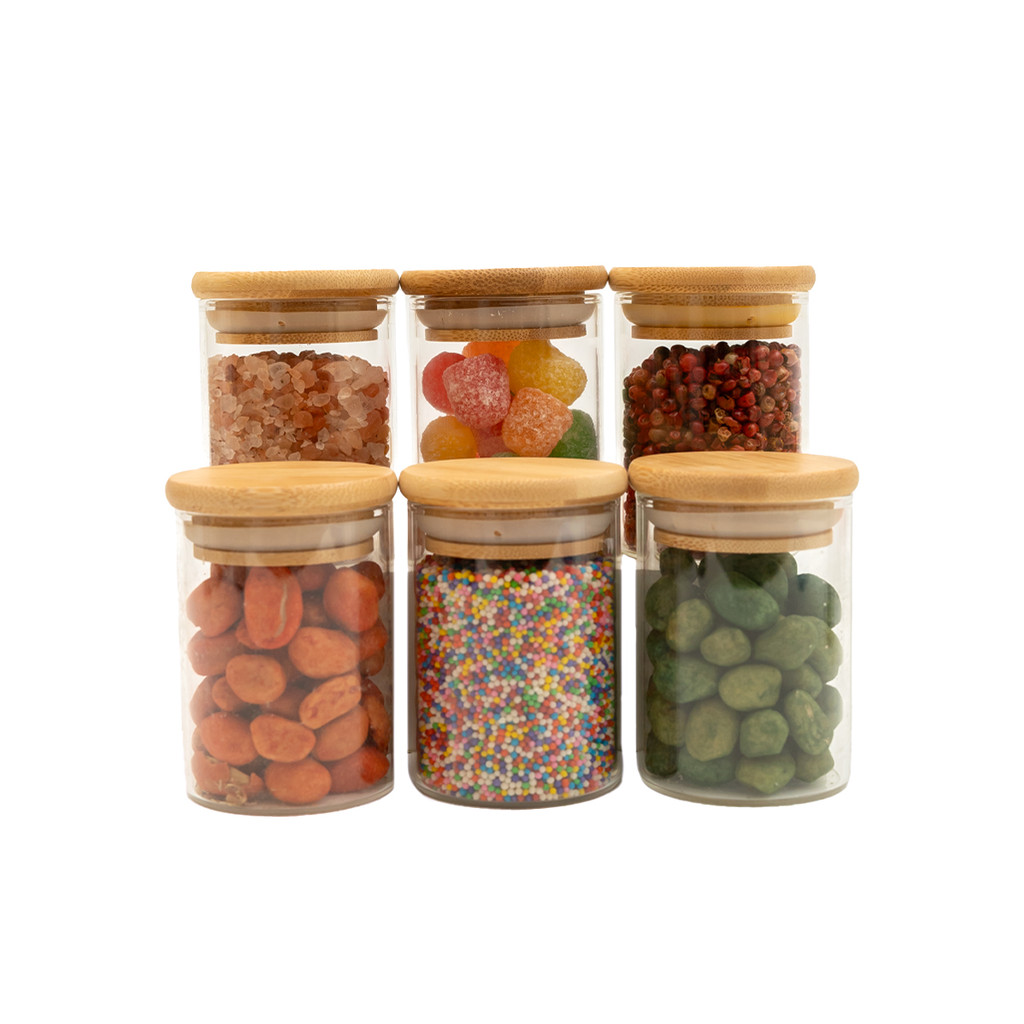 kit 6 potes de vidro 110ml tampa de bambu hermético redondos - Tud em Oferta na Shopee