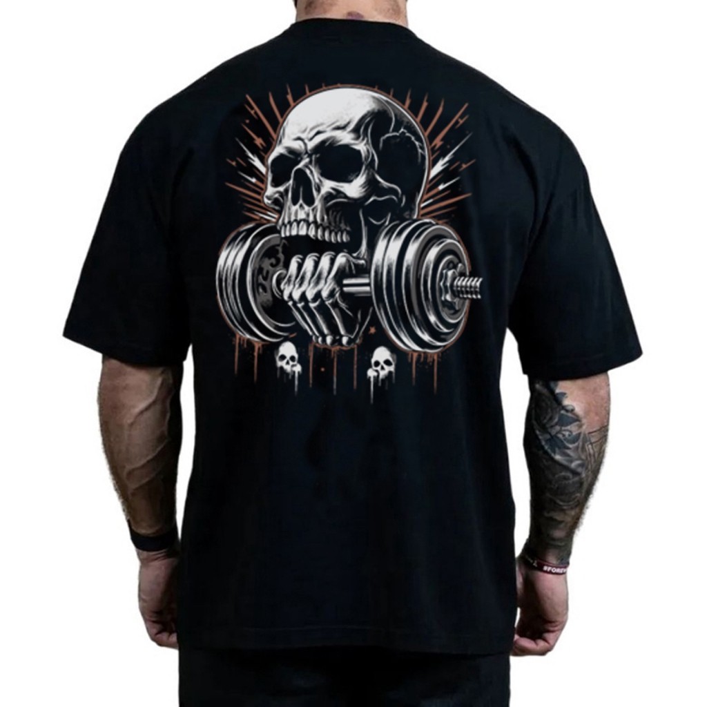 [Camiseta Vintage Masculina Algodão]HYP Camiseta Larga Academia Maromba Caveira  Oversized Treino Premium 100% Algodão