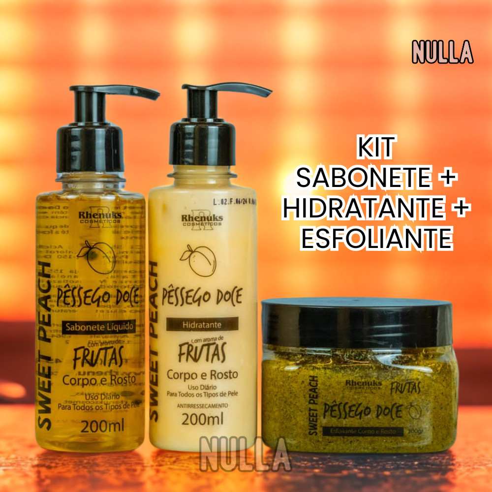 KIT SABONETE + HIDRATANTE + ESFOLIANTE PESSEGO CORPO E ROSTO RHENUKS
