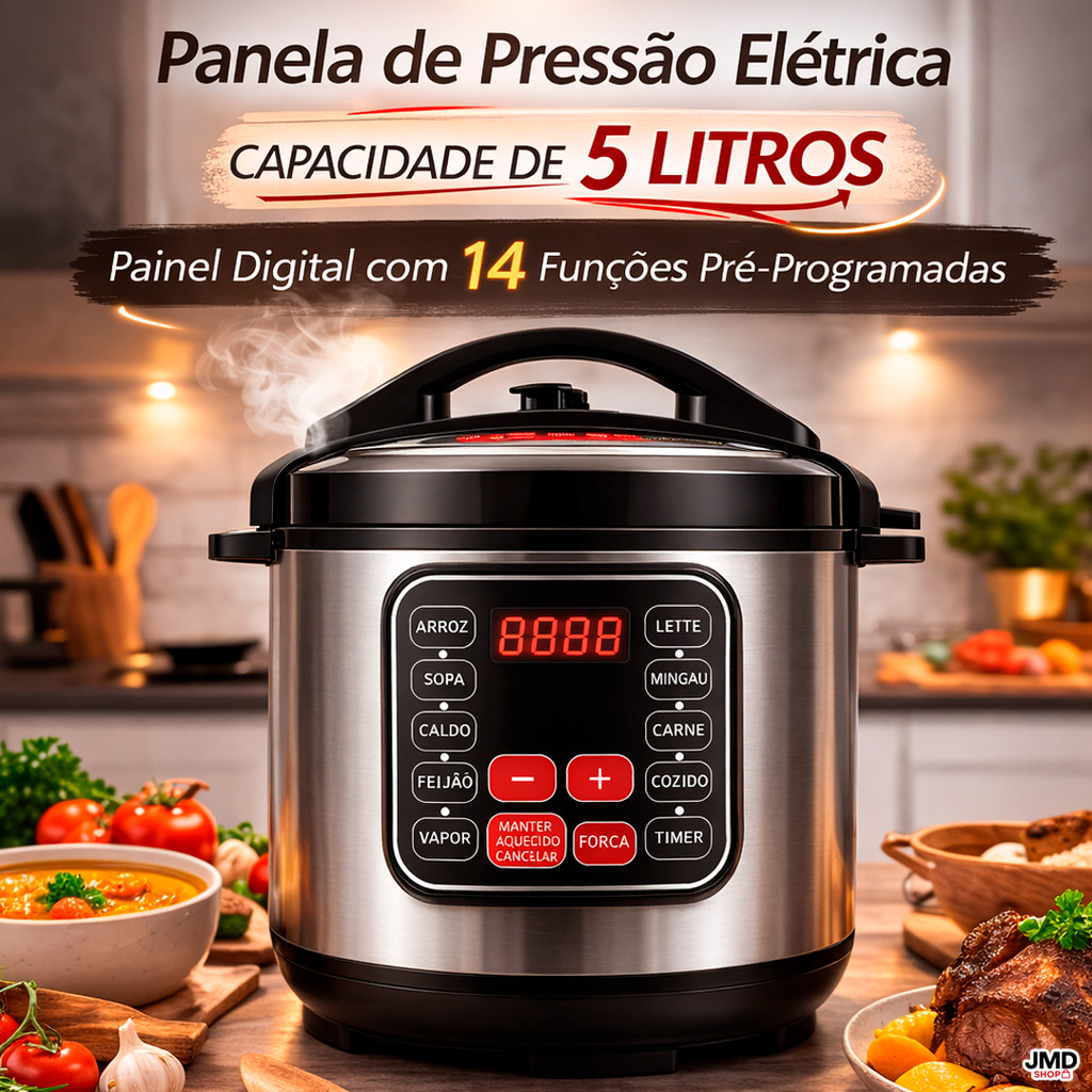 Panela De Pressão Elétrica 5 Litros Inox Preta Digital Aquecimento Timer Alta Capacidade