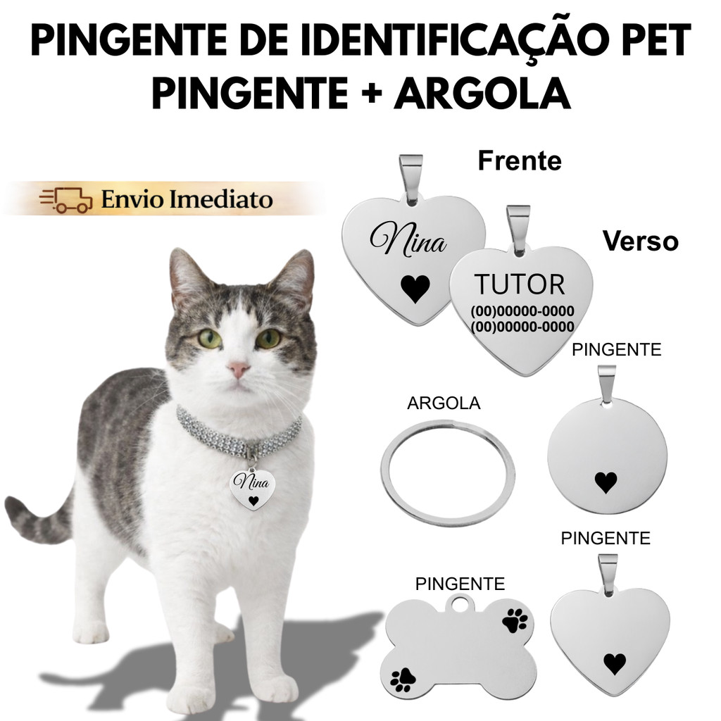 Pingente De Identificação Gatos Pet Personalizado Nome Telefone Prata Frente Verso Animais Segurança
