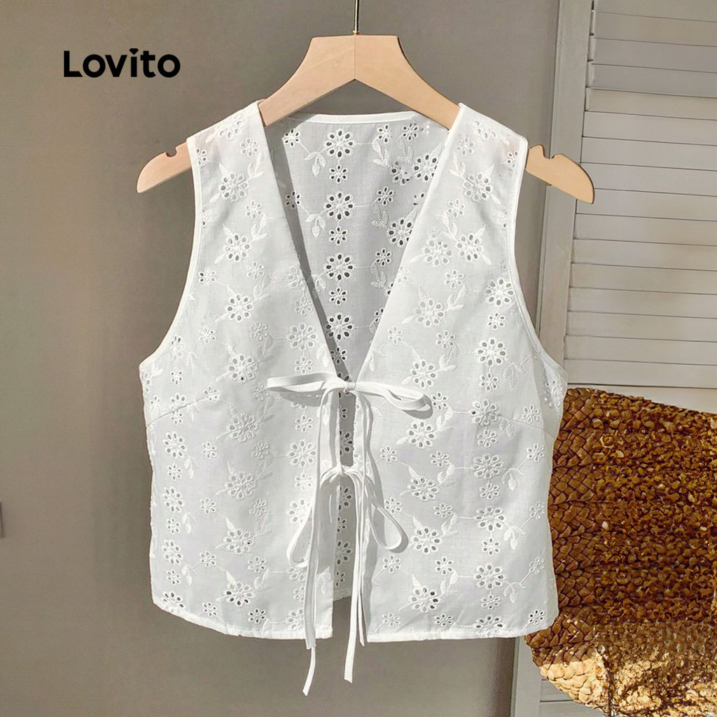 (NEW) Lovito Boho Top Laço Primavera/verão Blusa Branca para Mulheres LK4ED2595