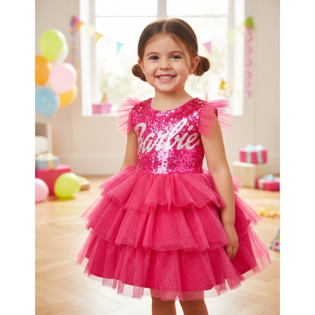 Vestido de Festa Barbie Infantil Rosa Fantasia Luxo com Glitter Saia Rodada em Babados Temático Aniversário Delicado