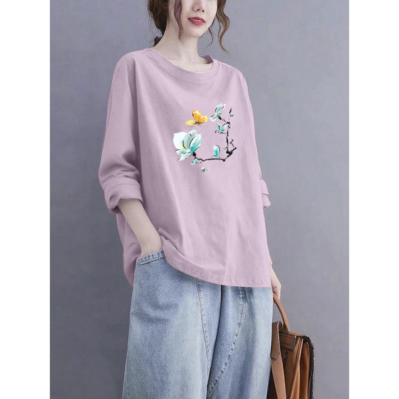 Marca comércio exterior exportação 100% algodão manga comprida solto temperamento camiseta feminina primavera outono sol