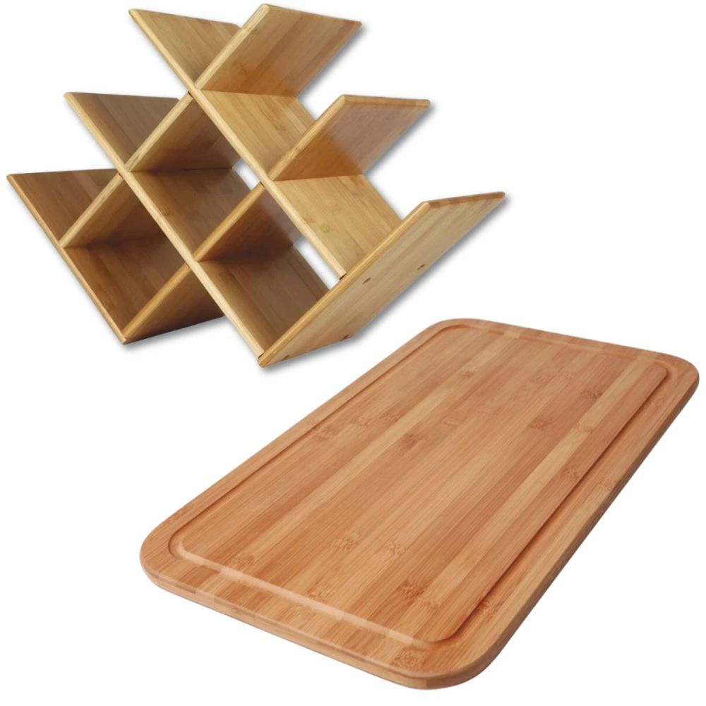 Kit Tábua para Cortar Carne 50x30cm + Suporte Porta-garrafa de Vinho em Bambu Mor