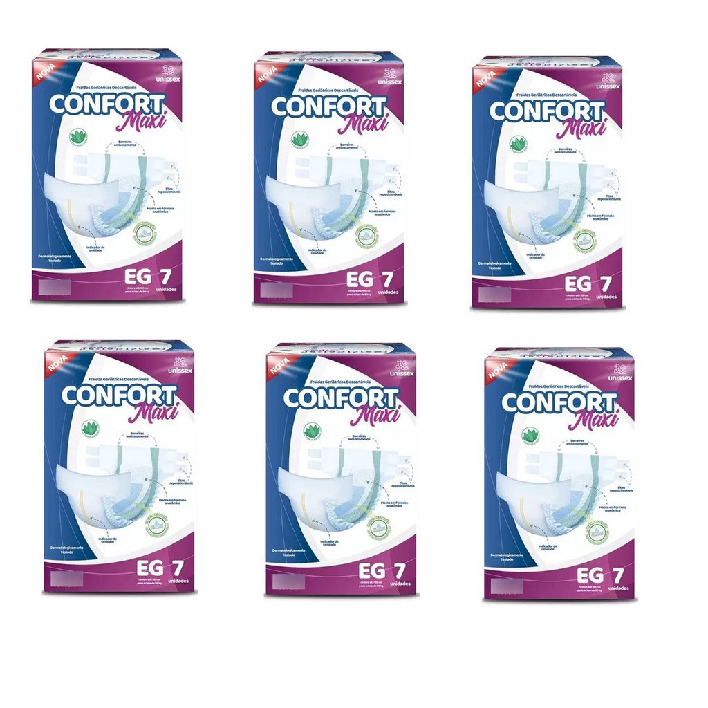 Kit 6 Pacotes de Fraldas Geriátricas Confort Maxi GG – Alta Absorção para Incontinência (total 42 fraldas)