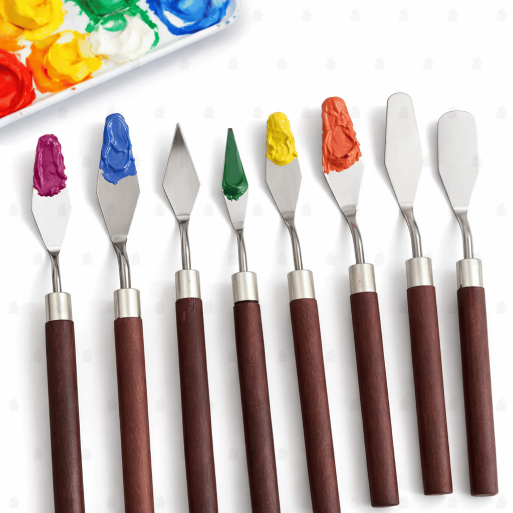 Kit 7 Espátula Pintura em Aço Inox e Madeira - Faca para Textura Tela Óleo, Confeitaria, Desenho