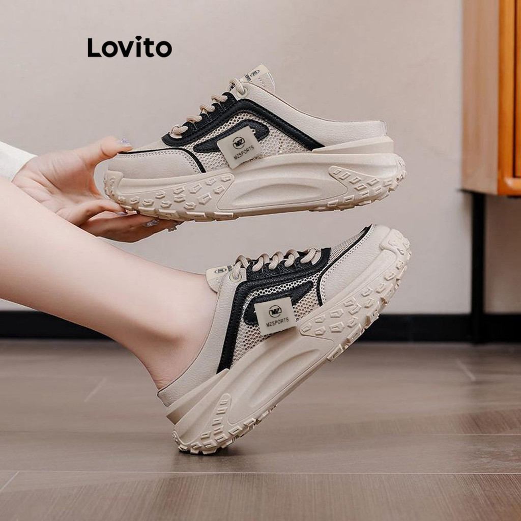 Lovito Tênis esportivo liso de malha respirável da moda Mueller Half Drag Light Trend Sneaker para mulheres LFA73235