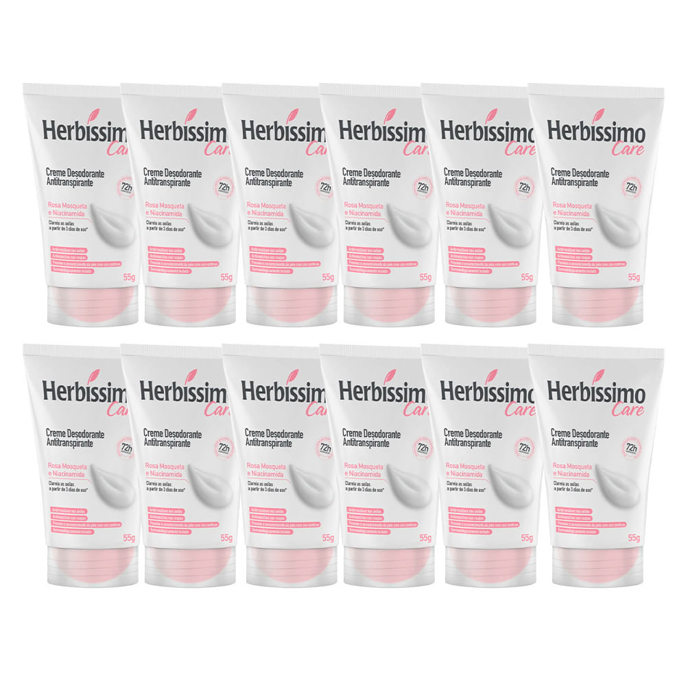 Kit Desodorante Antitranspirante Creme Herbíssimo Care Rosa Mosqueta e Niacinamida 55g - 12 Unidades