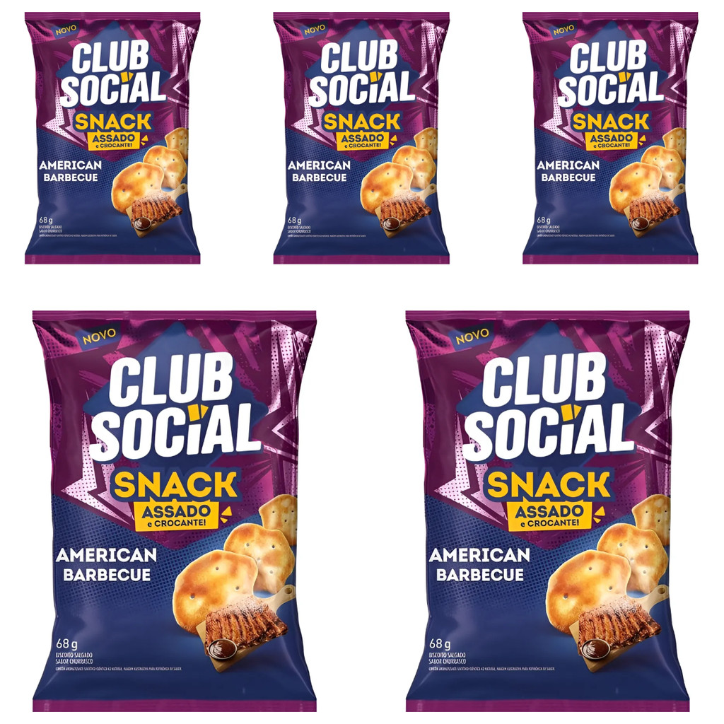 5 Pacotes Snack Club Social Sabor American Barbecue 68g