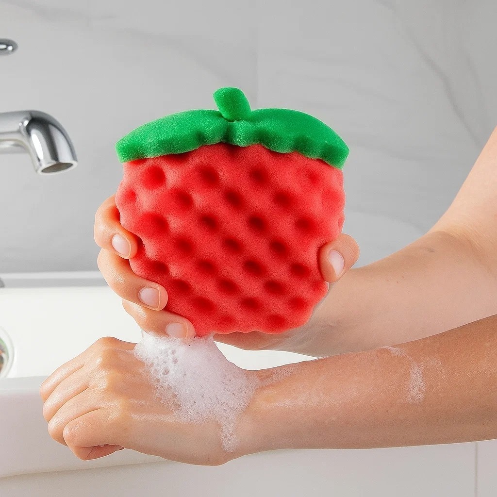 Esponja banho fruta vermelha macia espuma esfoliante higiene pele corporal massagear de achadinhos