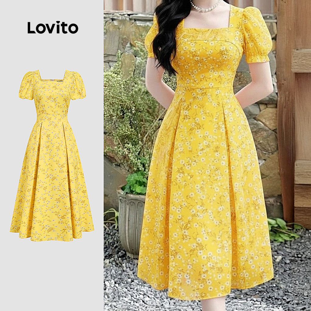 Lovito  Vestido Boho com Zíper Primavera/verão Amarelo para Mulheres L177ED284 em Oferta na Shopee