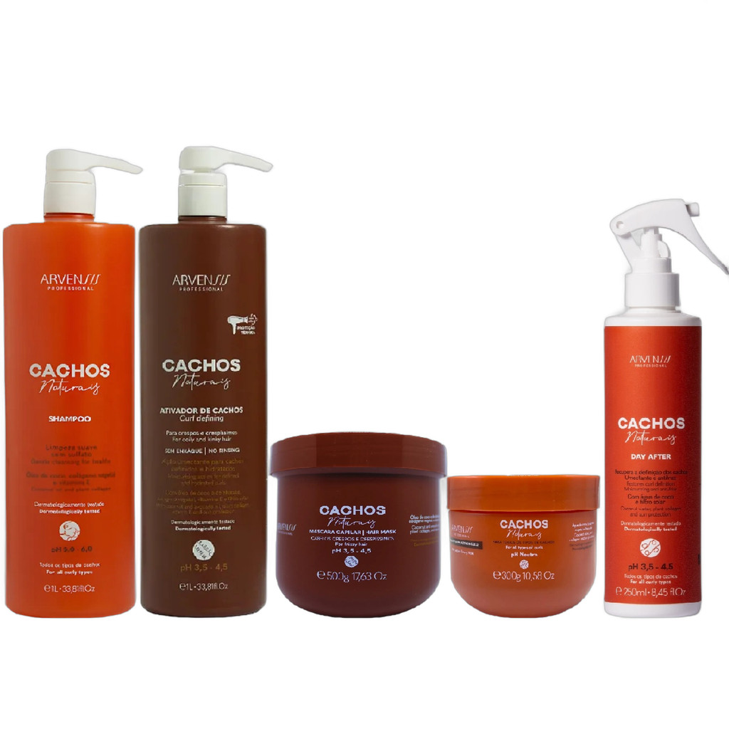 Kit Arvensis Cachos - Shampoo & Ativador Crespos 1L + Máscara Crespos 500g + Geleia Alta Fixação 300g + Day After 250ml