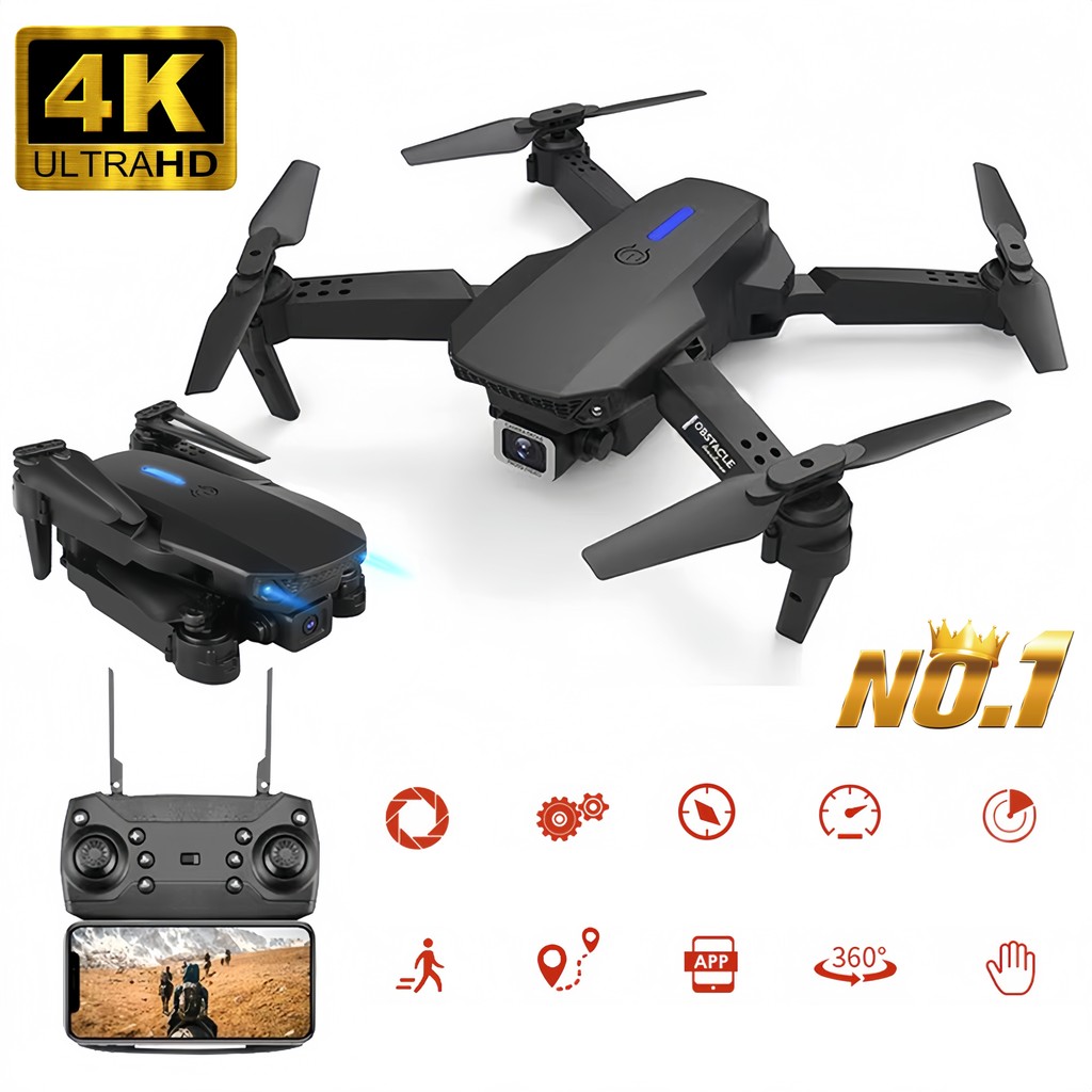 Drone com Câmera Dupla E88, Dobrável, Evita Obstáculos, Quadricóptero de Controle Remoto para Aventuras Aéreas