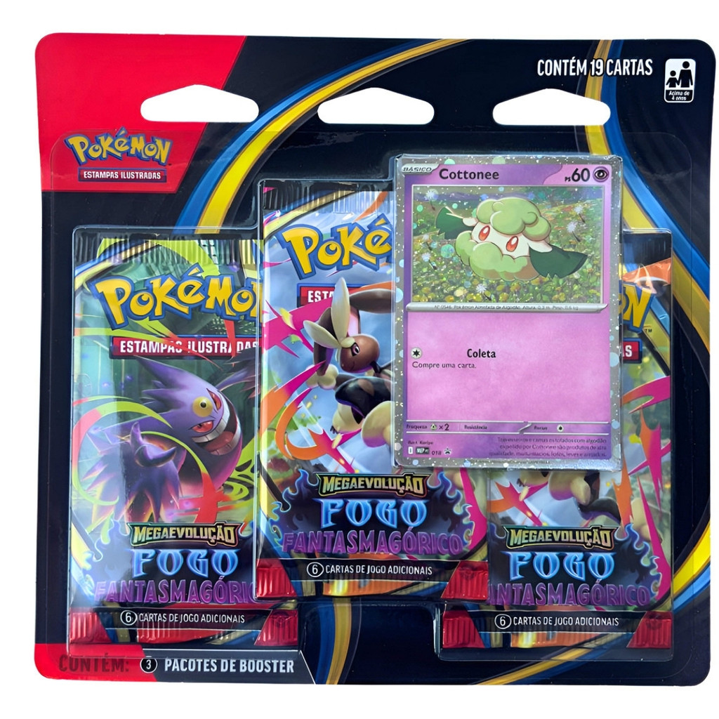 Blister Triplo Pokémon Megaevolução Fogo Fantasmagórico Português Cottonee e Whimsicott Copag