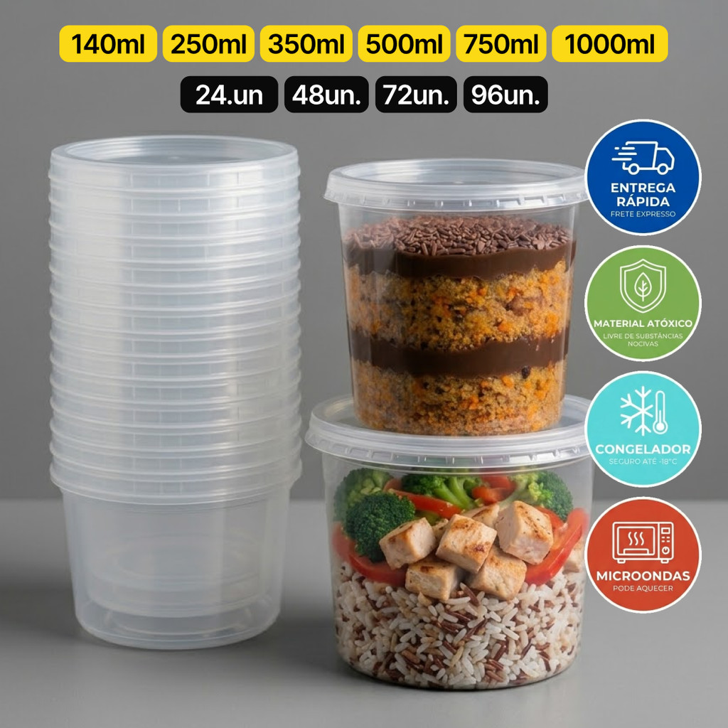 Kit Pote Redondo Descartável 140 Ml 200 Ml 350 Ml 500 Ml 750 Ml Microondas E Freezer Com Tampa Kit 24/48/72/96 Bolo Pote
