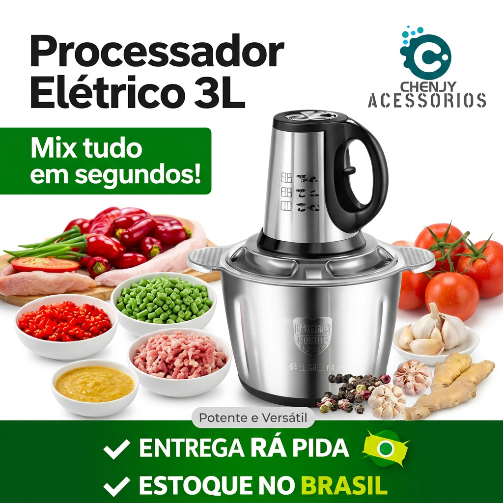 Imagem Picador De Alimentos 2L 3L Moedor Elétrico Triturador Potente Carne Legumes Temperos Inox 110v/220v