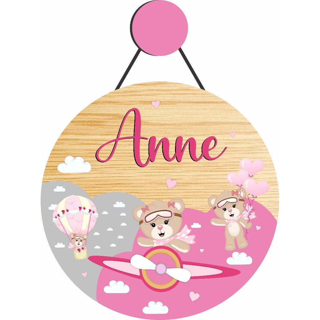 enfeite Porta Maternidade Ursinha Aviadora, Baloeira Corações, Ursa Balão -Nome Personalizado Bebê - Decoração