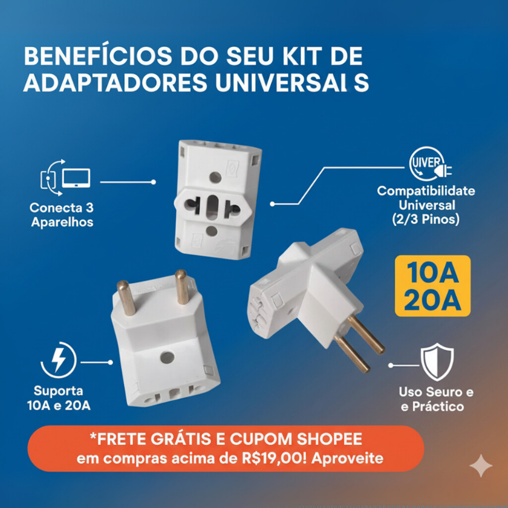 Kit 5 Adaptador de Tomada Benjamim Universal 10A e 20A Pino Maciço Reforçado — imagem 2 de 2
