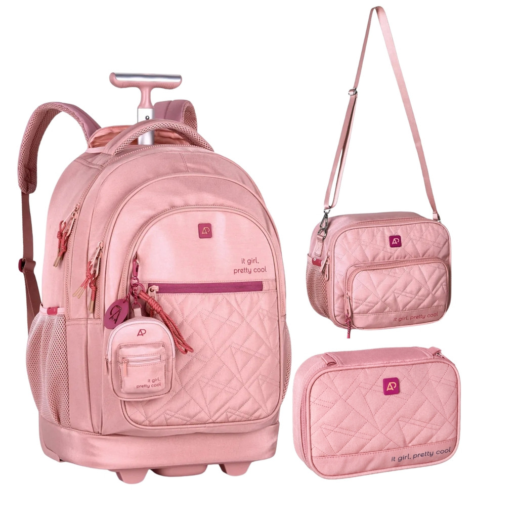 Kit Mochila De Rodinhas Alice Palucci Estojo Box Pra 36 Pens e Lancheira Térmica Com Bolsos Laterais Volta Às Aulas Clio