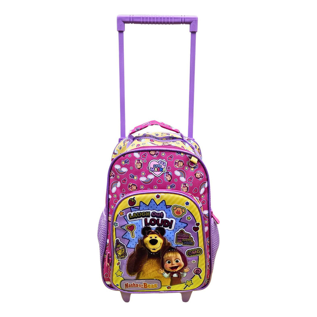 Mochila Infantil Masha e o Urso com Carrinho e Rodinhas - Tamanho M Escolar