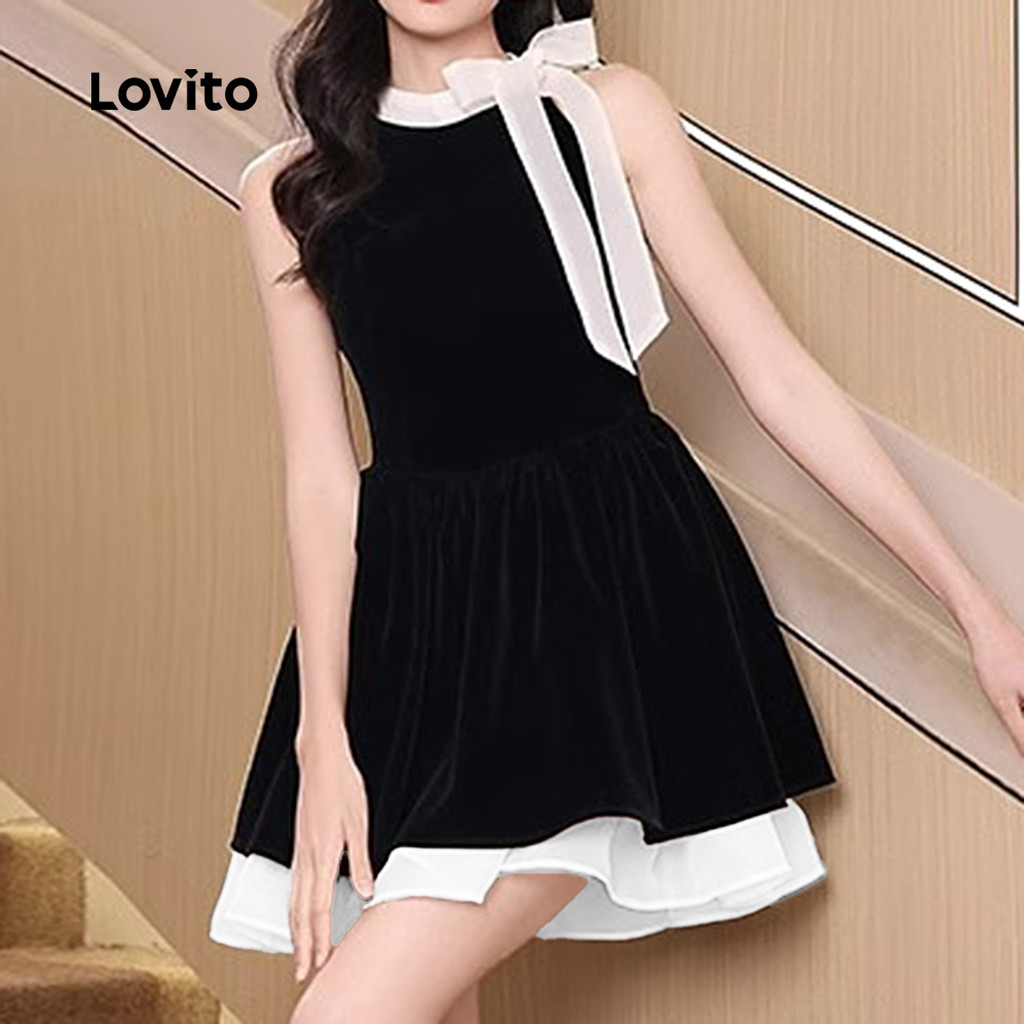Lovito Vestido Casual de Renda com Amarração Plissado Primavera/verão Preto para mulheres LNE117064 em Oferta na Shopee