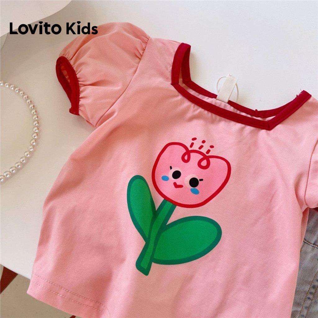 Lovito Kids  Camiseta Casual Colorida com Flores Plissadas Primavera/verão Rosa para Meninas. LNL132299 em Oferta na Shopee