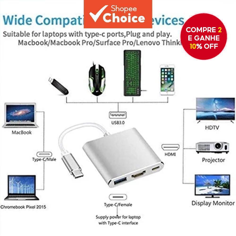 Adaptador Hub 3 Em 1 Usb C Para Hdmi Tipo C Otg - Conversor Usb Fêmea Com Hdmi 4k E Carregamento Rápido PD