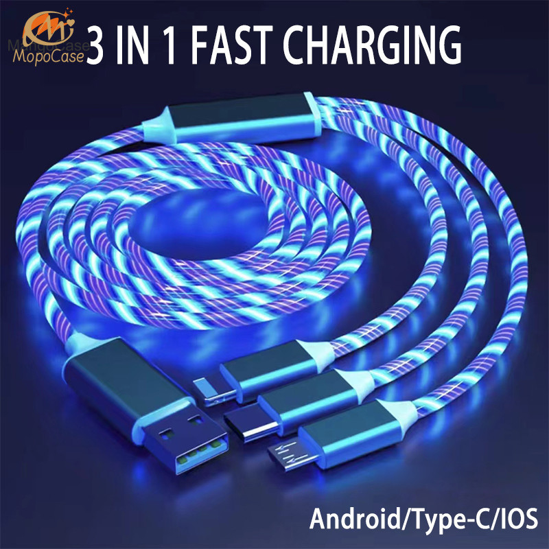 3 Em 1 LED Luz De Fluxo Luminosa Cabo USB 1.2M Carregamento Rápido Tipo-C IOS Micro Colorido Streamer Cabos De Mopo em Oferta na Shopee