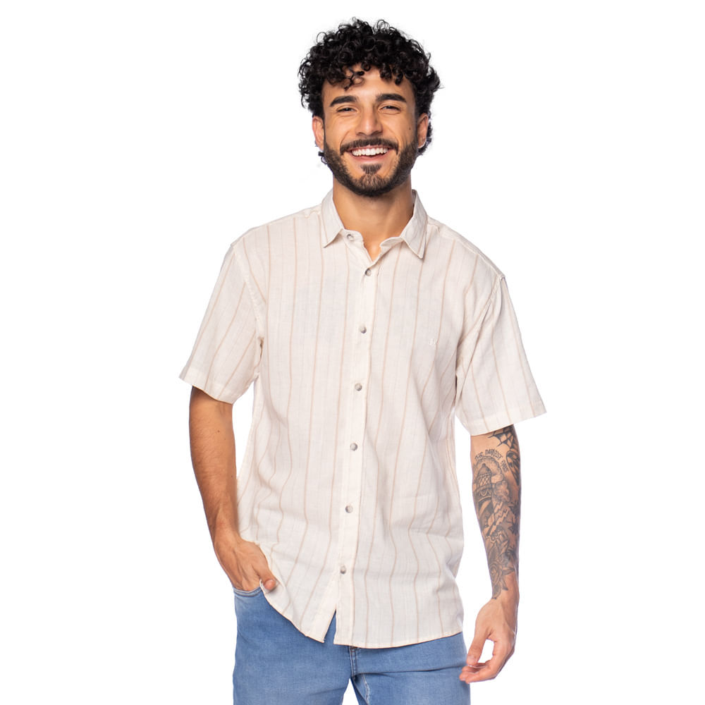 Camisa Masculina Dixie Manga Curta com Listras Areia em Oferta na Shopee
