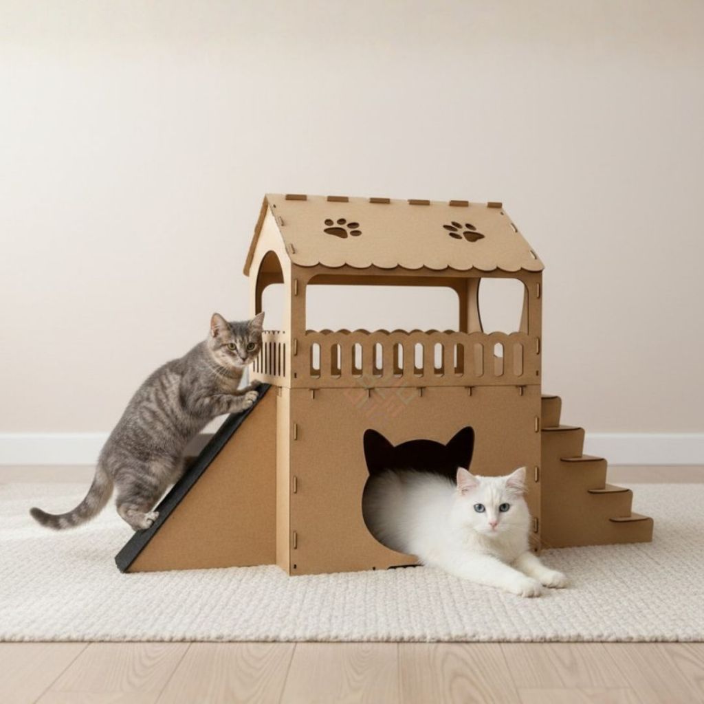 Casa De Gato 2 Andares Com Rampa Carpete Escada MDF Playground Pet