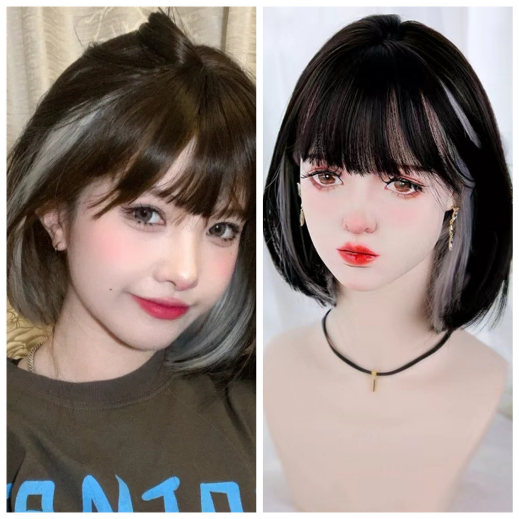 Idol Estilo Moda Peruca De Fibra Sintética Feminino Cabelo Curto Pendurado Orelhas Tingidas Preto Cinza Bobo Cabeça Alta