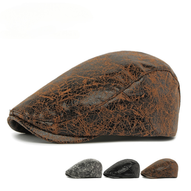 Outono novo estilo único couro macio boina de couro do plutônio moda Retro Crack boné de pico masculino