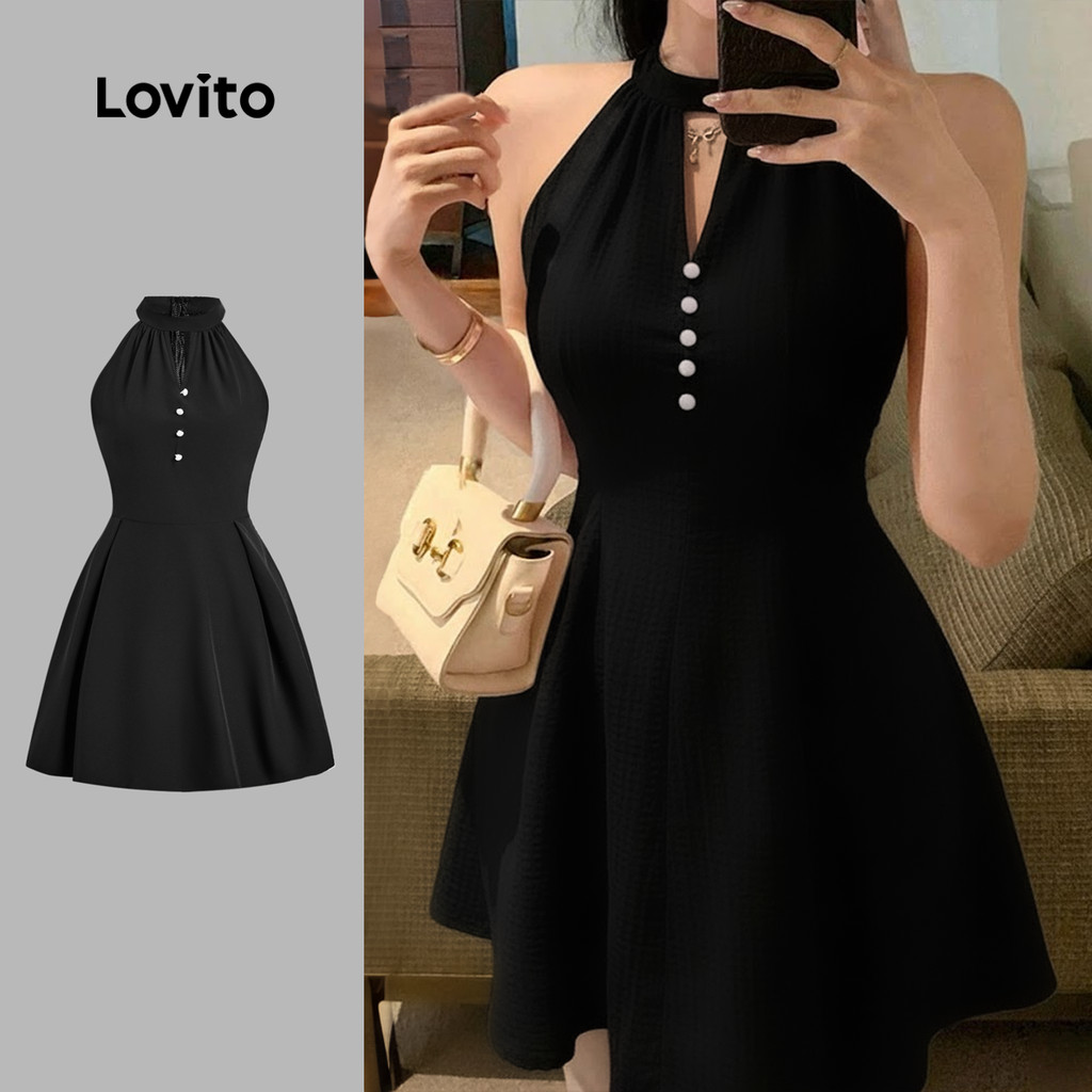 Lovito Vestido Preto Casual com Recortes para Primavera/verão para Mulheres LK2ED037