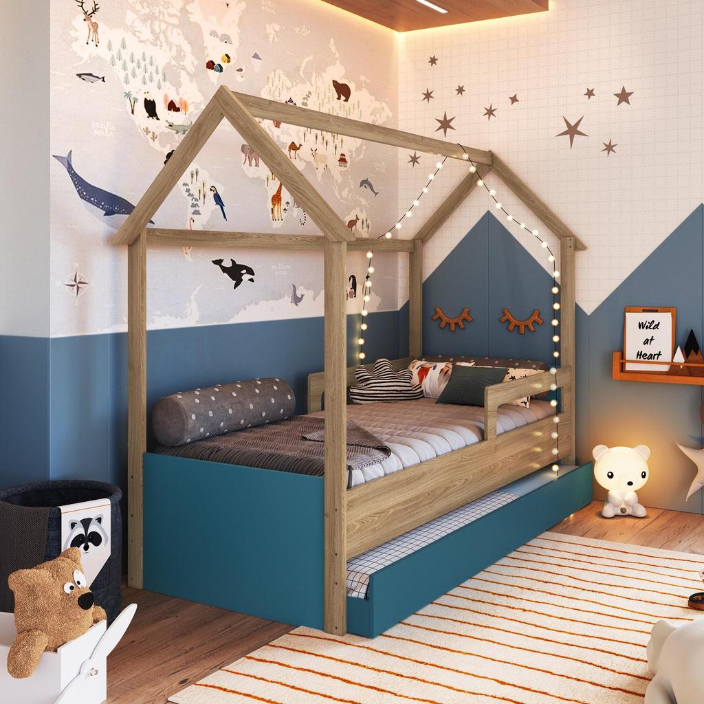 Cama Infantil Montessoriana Bicama Casinha Solteiro Menino Menina com Proteção Lateral Cama Auxiliar