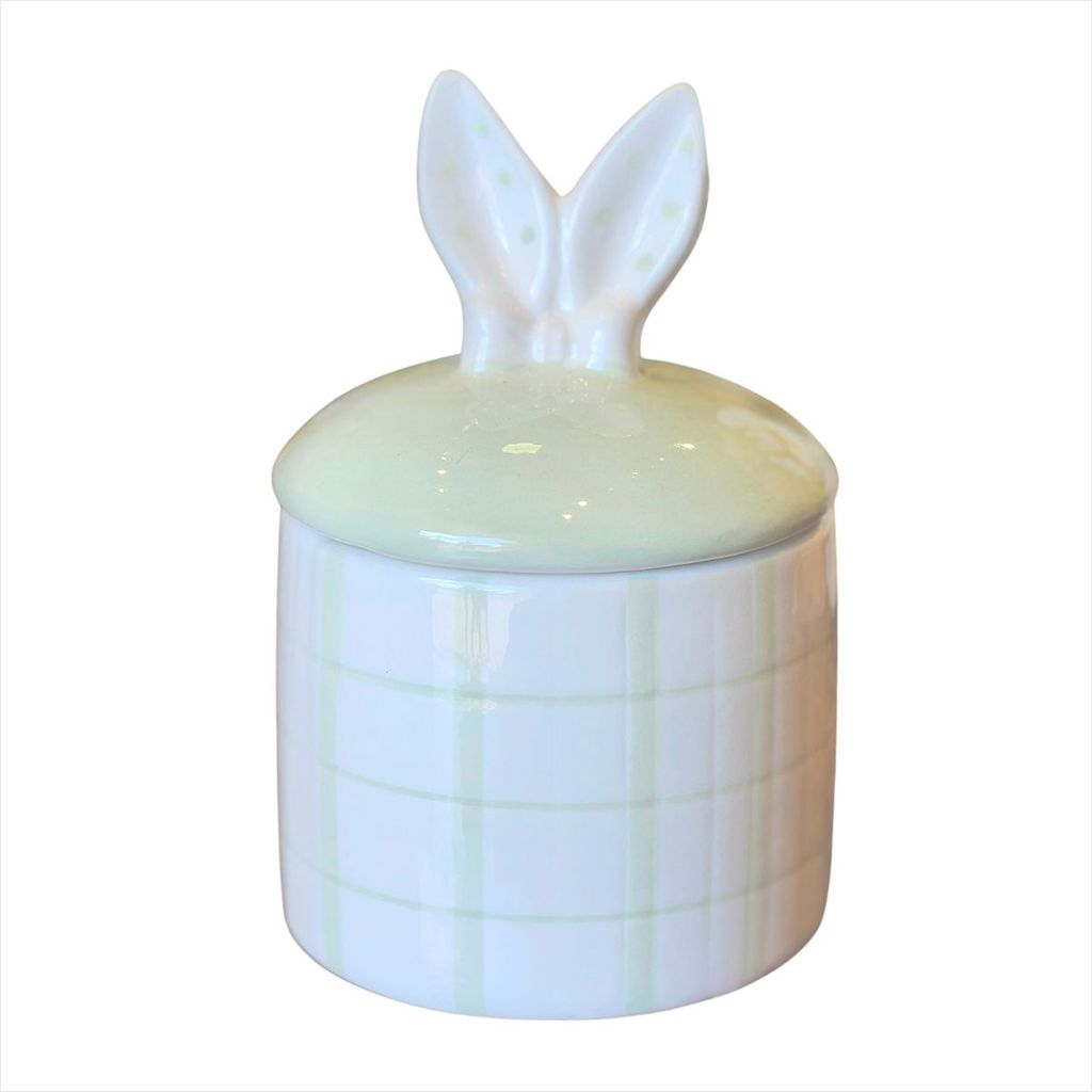 Pote Decorado Orelha de Coelho Bombom Doce Balinha Potiche Decorativo Verde Branco Páscoa Mesa Posta
