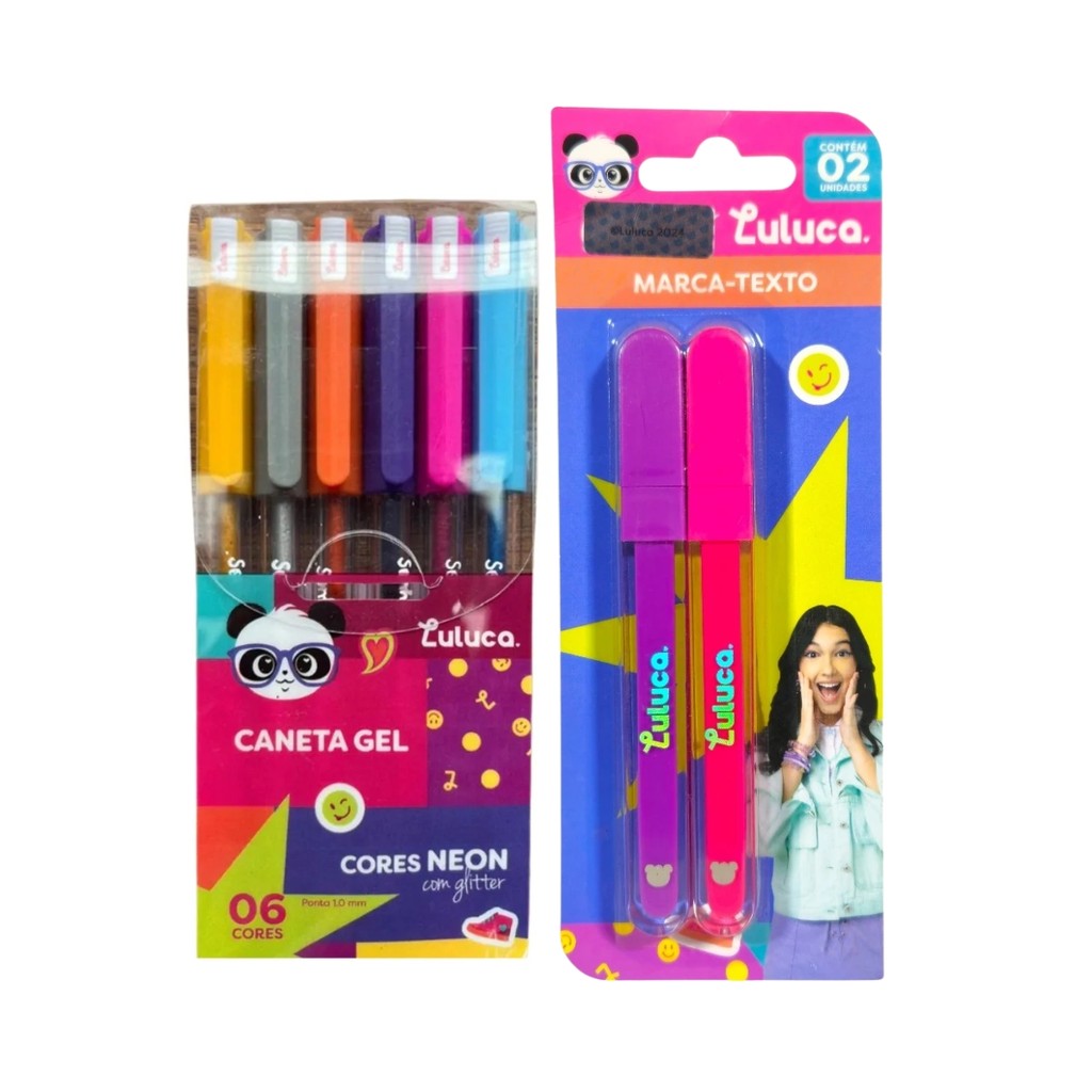 Kit Luluca Caneta Em Gel 6 Cores Neon Com Glitter e 2 Marca-Texto Ponta De Fibra Roxo e Rosa Escolar Juvenil - Skypaper