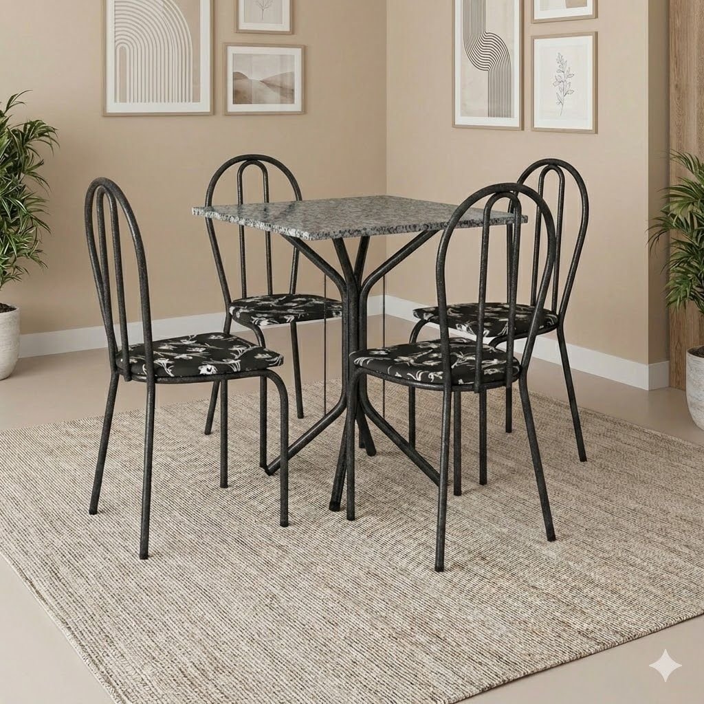 Conjunto Sala de Jantar 1 Mesa Tampo Granito Quadrado 4 Cadeiras Thais Cromo Preto/Preto Flor em Oferta na Shopee