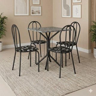Conjunto Sala de Jantar 1 Mesa Tampo Granito Quadrado 4 Cadeiras Thais Cromo Preto/Preto Flor em Oferta na Shopee