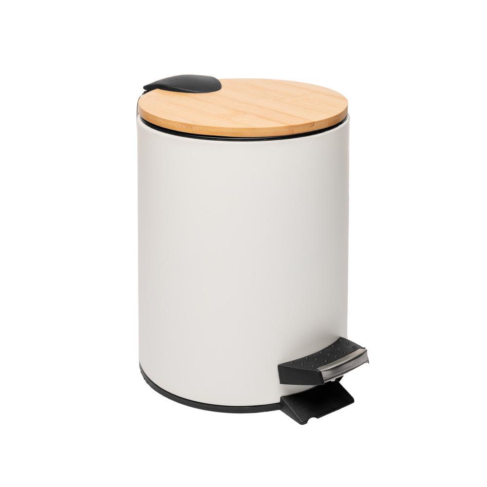 Lixeira Redonda 3L Metal com Pedal Tampa de Bambu Branca Lyor para Banheiro Lavabo Quarto Escritório Organização Prática