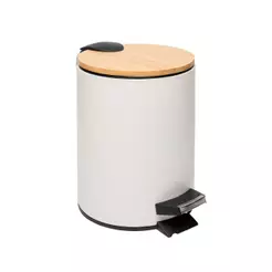 Lixeira Redonda 3L Metal com Pedal Tampa de Bambu Branca Lyor para Banheiro Lavabo Quarto Escritório Organização Prática