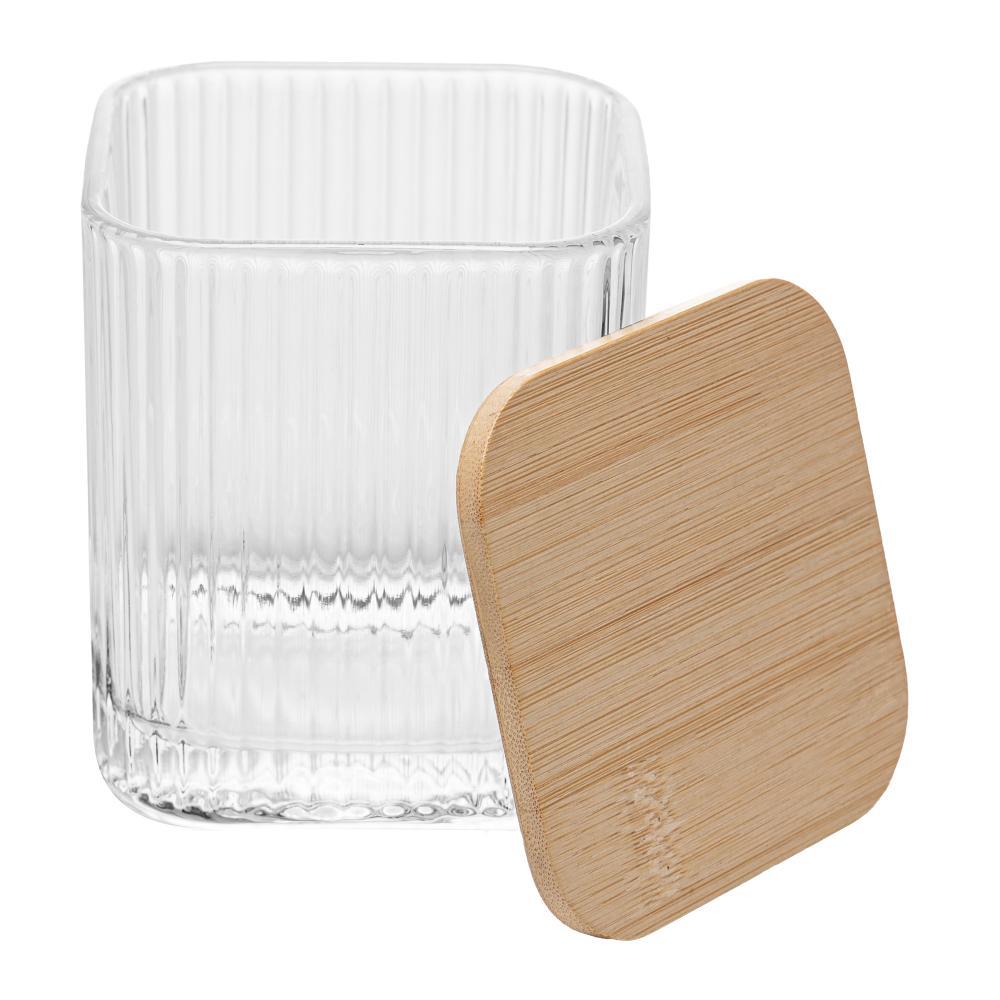 Porta Cotonete e Algodão Lines Vidro 10cm com Tampa de Bambu Lyor para Banheiro Organização Penteadeira Prático Elegante