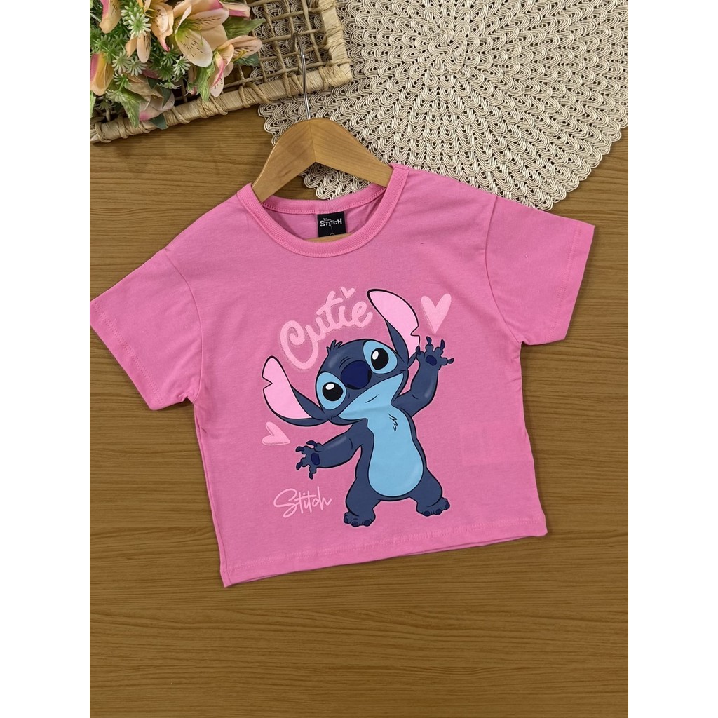 Blusa Infantil Menina Brandili Verão Rosa Stitch Cutie Disney