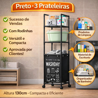 Estante Organizadora com Cesto de Roupa Suja e Rodas – Carrinho para Lavanderia 1, 2 ou 3…