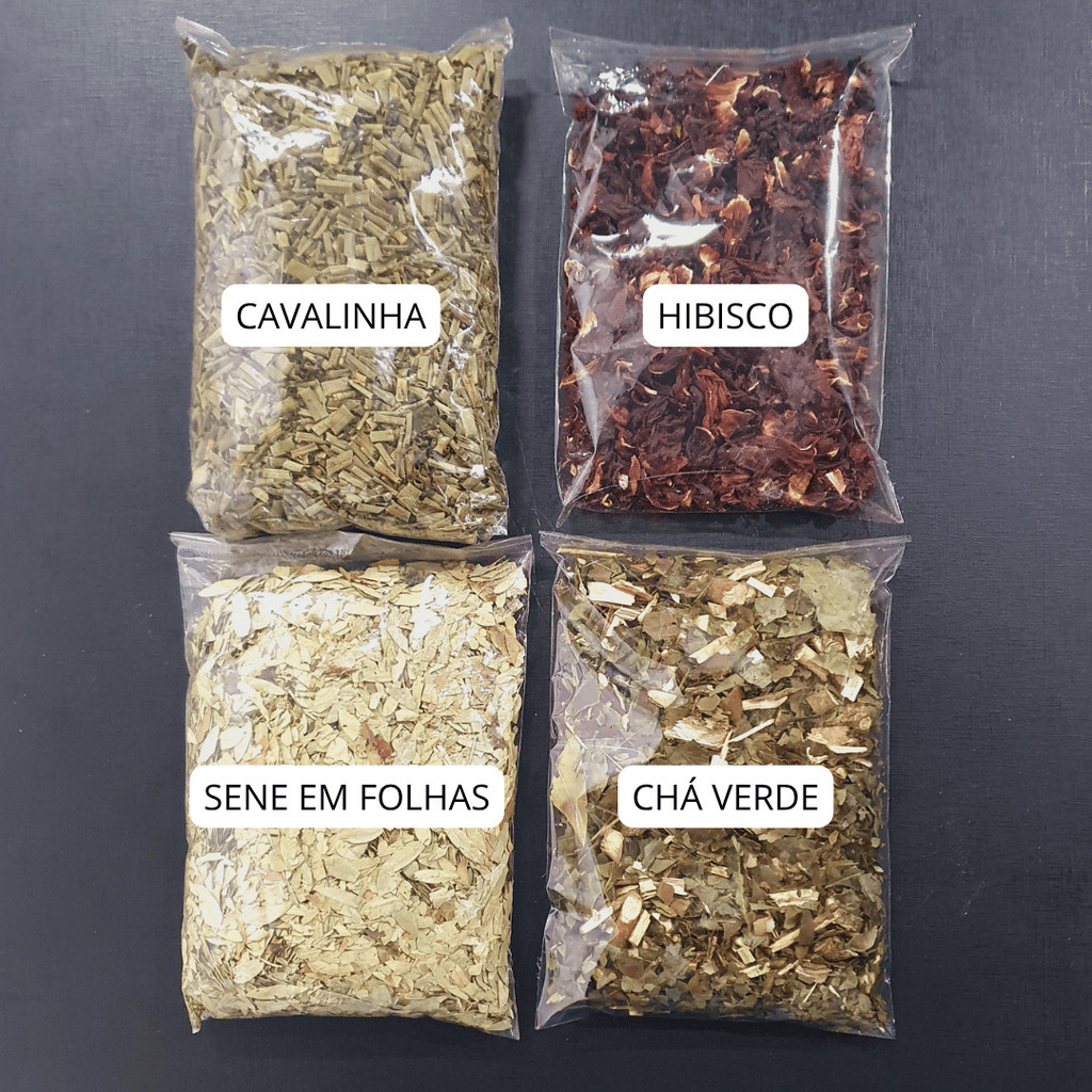Kit 4 Chás Naturais Desinchá – Cavalinha + Sene em Folhas + Hibisco + Chá Verde – 100g Cada
