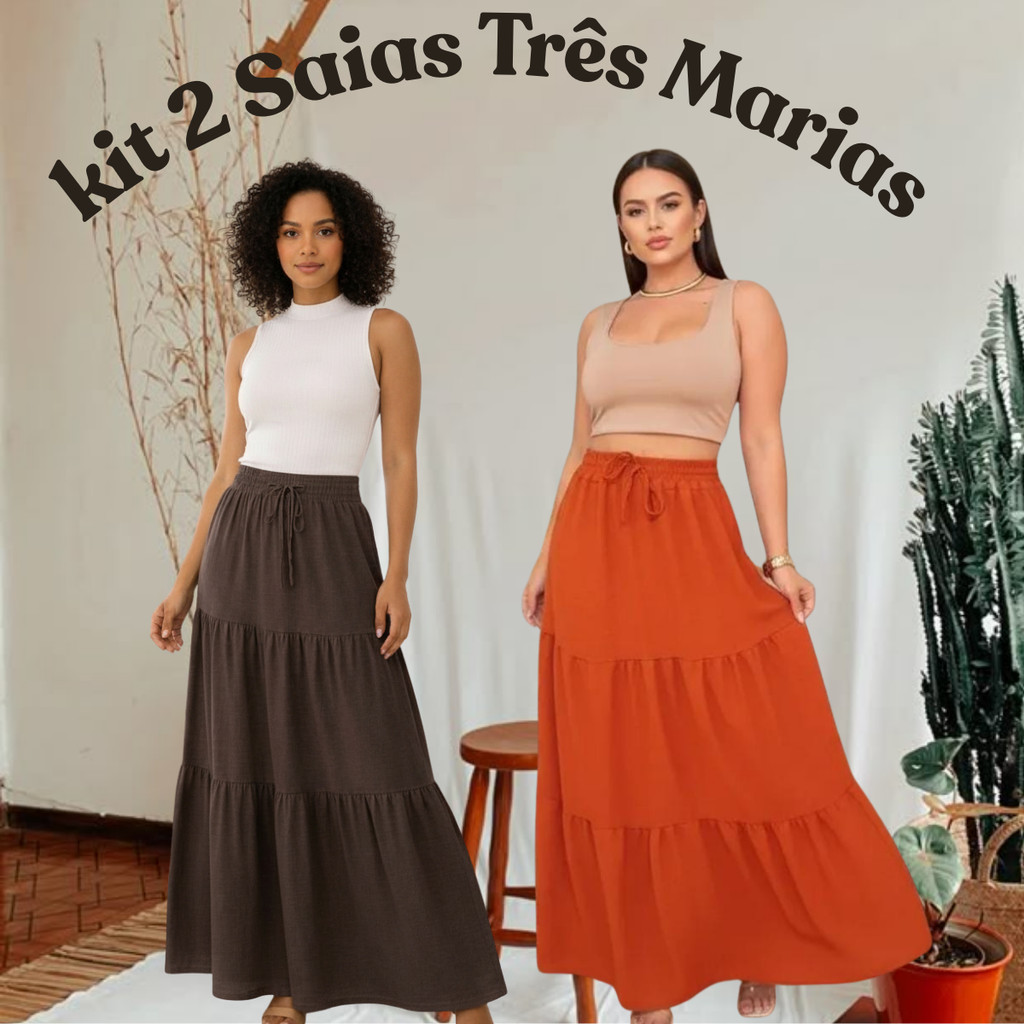 Kit 2 Saias Três Marias Duna Longa Moda Cristã Caimento Leve Luxo Casual