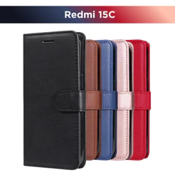 Kit Capa Carteira P/ Xiaomi Redmi 15C - Couro Sintético Case Capinha e Película 3D Vidro ou Hidrogel