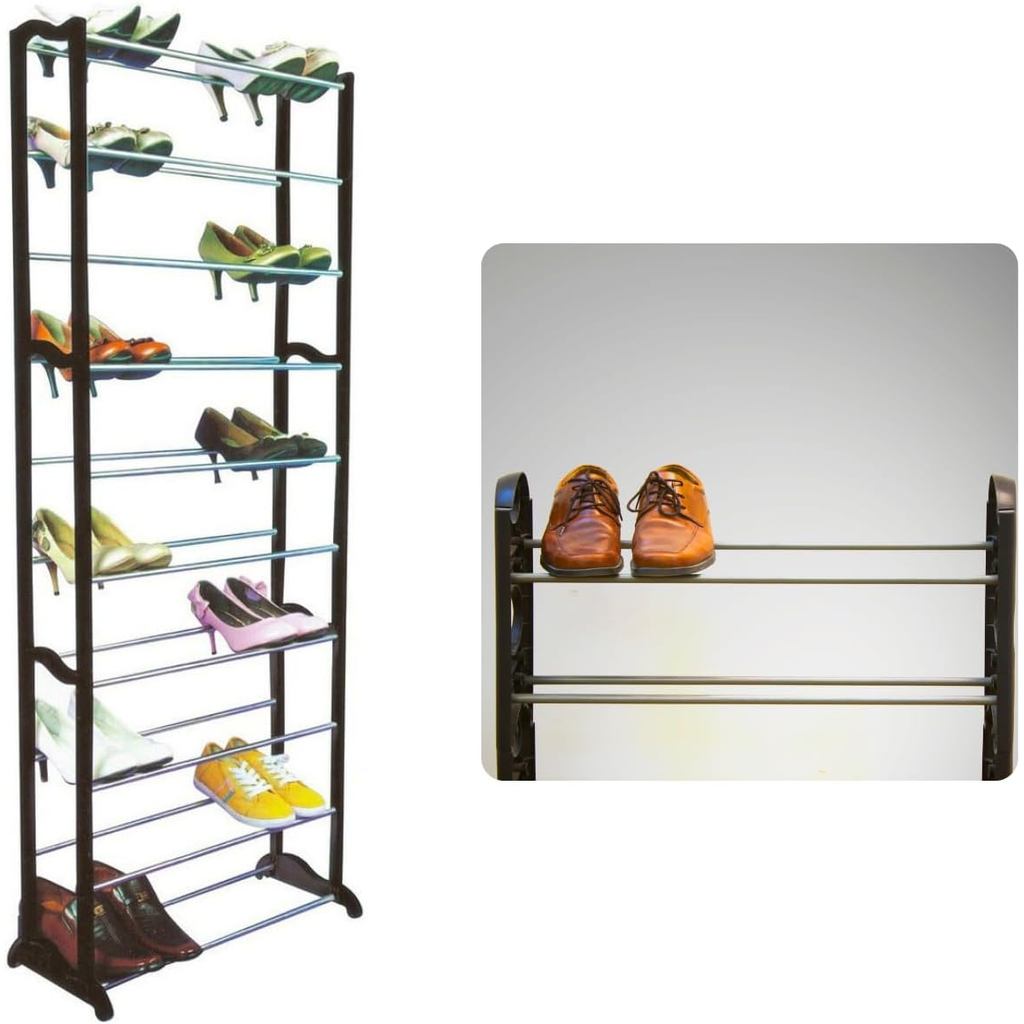 Sapateira Vertical para 30 Pares com 10 Prateleiras Estrutura de Metal Plástico Resistente Sapateira Compacta e Empilháv