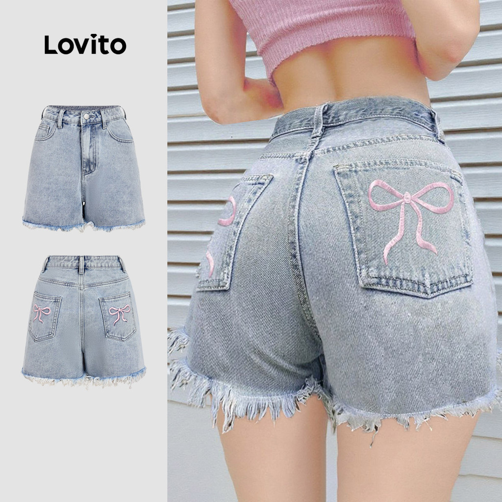 Lovito  Shorts de Ganga Casuais com Bordado Lavados Bolso Primavera/verão Shorts de Ganga Azul para Mulheres. L177ED247 em Oferta na Shopee