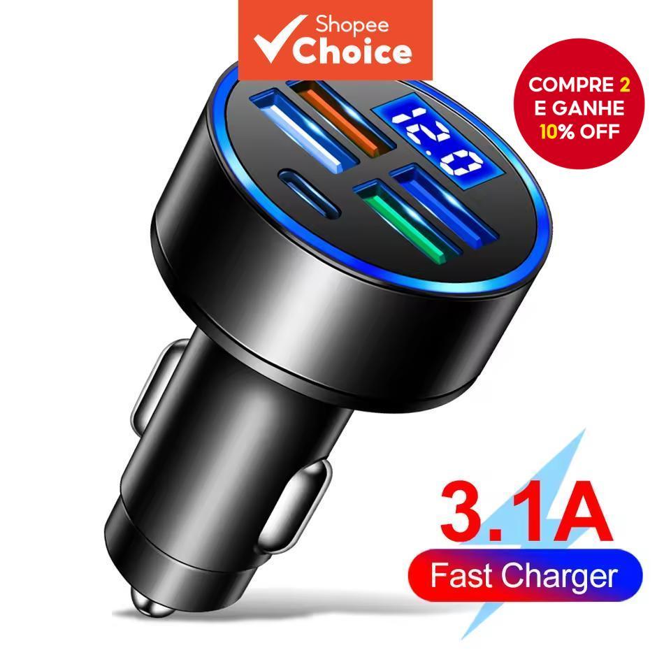  Adaptador de carregador de carro de telefone com carga rápida PD + QC 3.0, carregador USB para carro com 5 portas,
